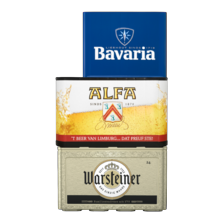 Alfa krat van 24 flesjes à 30 cl,
Bavaria krat van 12 flesjes à 30 cl
of Warsteiner krat van 24 flesjes à 30 cl
